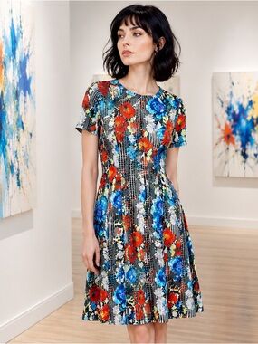 Catherine Malandrino Vondie Print Scuba Fit Flare Dress Pleated Floral 10